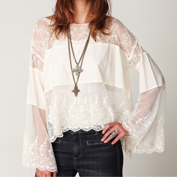 Free People Cannaregio Cream Cotton & Embroidered Lace Bell Sleeve Top (M) EUC - Picture 1 of 6